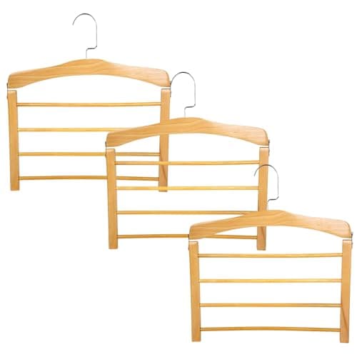 Image of 3Pcs Pants Hangers 4 Tier Wooden Non-Slip Space Saving Hangers with Rotating Hook High Load-Bearing for Pants, Jeans, Trousers and Scarves