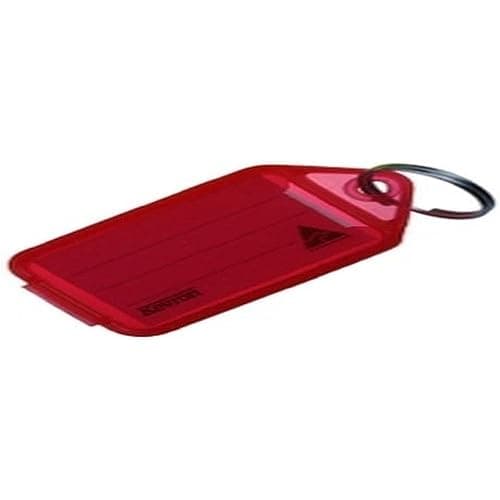 Image of Kevron 56x30mm Red Key Tags with Labels Pack of 100 in Display Box for Identification, Security, Luggage, Pet Names, Memory Sticks, Home & Office