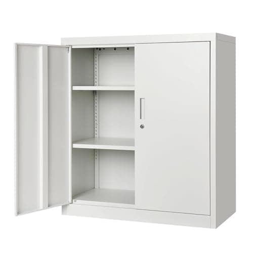 Image of GarveeHome Metal Storage Cabinet, Heavy Duty Lockable Storage Cupboard with 2 Adjustable Shelves & Keys, Steel Office Filing Cabinet for Home, Garage, Kitchen & Pantry, 80W x 40D x 91.5H cm - White