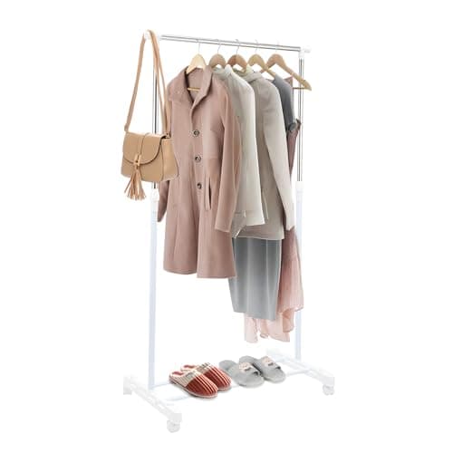 Image of LN COZY CORNER Adjustable Mobile Clothing Rail with Wheels, Small Metal Garment Rack for Bedroom, Coat and Shoe Storage Stand with Castors (White, Single rail)
