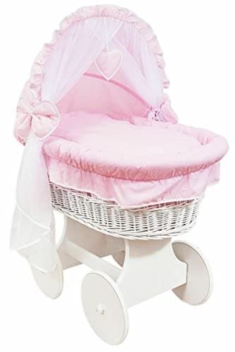 Image of Babymam BABY FULL PURE COTTON BEDDING SET WITH HOOD TO FIT WICKER MOSES BASKET (Pink)