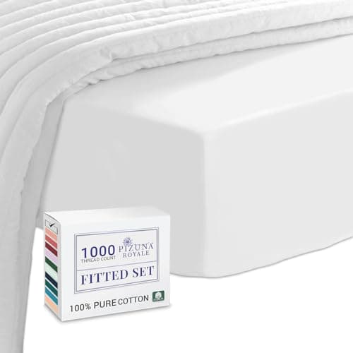 Image of Pizuna Luxurious Cotton Single Bed Fitted Sheet White, 1000 Thread Count 100% Long Staple Cotton Single Fitted Sheet 90x200 cm, Sateen Weave Thick Fitted Sheet Extra Deep 40 cm Fit - 1 PC