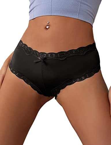 Image of ohyeahlady Women's Lace Satin Panties seamless Knickers Ladies Stretchy Low Rise Bikini Briefs Hipster Lace Underwear for Female Black UK Size 8-10