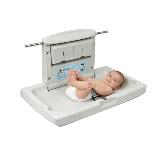 Image of PXNTLA-Wall Mounted Commercial Baby Changing Station, Foldable Diaper Change Table for Public Bathroom with Adjustable Safety Strap, Dual Side Hooks & Foldable Storage Boxes