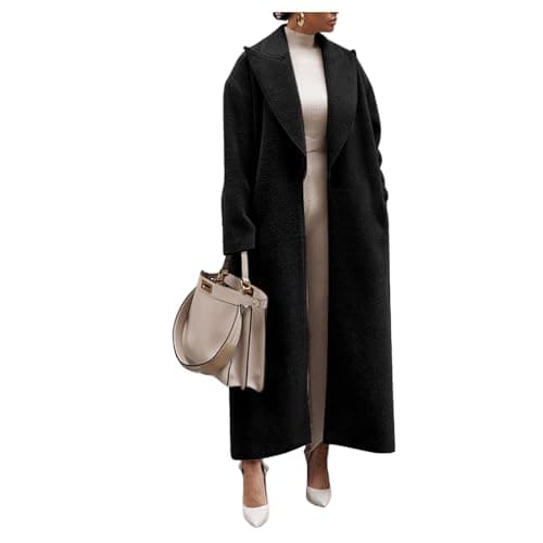 Image of UNeedVog Women's Plush Coat Solid Color Maxi One-button Lapel Faux Wool Jacket Back-split Wool Outwear