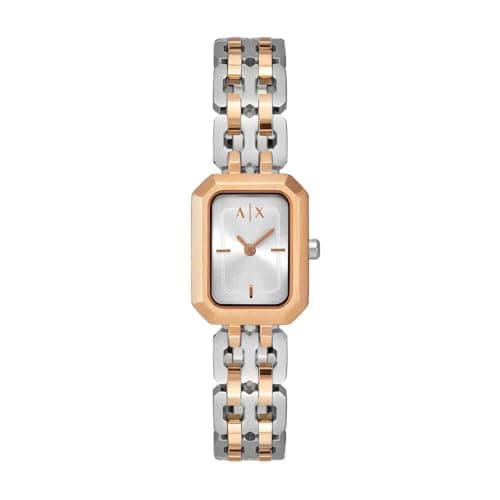 Image of Armani Exchange Watch for Women, Quartz Two Hand Movement and 27mm Case Size with Stainless Steel Strap, Rose Gold and Silver Tone
