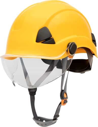 Image of Honeywell Fibre Metal Safety Helmet with Visor, Hard Hat for Construction, Non-Vented, 4-point buckle chinstrap, 6-point ratchet suspension, Resistant to extreme temperatures, Yellow, FSH10002E