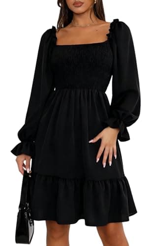 Image of Women's Causal Square Neck Dress Puff Sleeve Smocked A Line Swing Flowy Ruffle Babydoll Mini Dress Black M