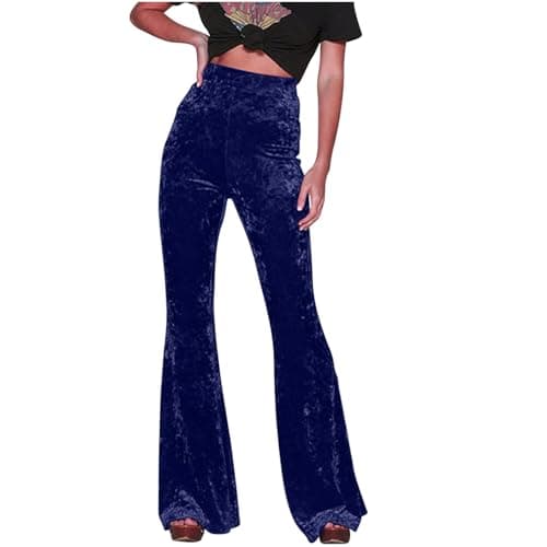 Image of Velvet Pants for Women Flare Solid Trousers High Waist Wide Leg Jogger Vintage Retro Pants Loose Fit Plus Size Stretch Trousers Ladies Casual Business Work Long Pants UK Clearance Navy