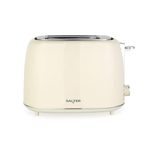 Image of Salter Retro Cream 2-Slice Toaster - Wide Slots, Plastic, 6 Browning Levels, Defrost, Reheat & Cancel, High-Lift Eject, Removable Crumb Tray, Self-Centring, Anti-Jam Function, Vintage Design, 815W