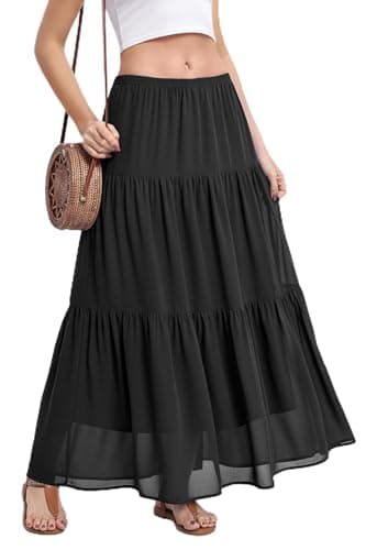Image of BEIGAI Women's Skirt Elasticated High Waist Long Maxi Skirt Flowy A Line Boho Summer Skirt Ladies Casual Elegant Full Length Skirts for Women UK,Black,XXL