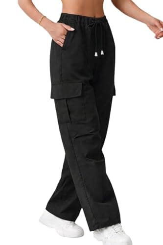 Image of Re Tech UK - Womens Cargo Trousers with 4 Pockets - Bengaline Quality Stretch Fabric - Relaxed Fit, Elasticated High Waist - Great Cargo Trousers for Women - Ladies Work Pants Combat Style (Black, SM)