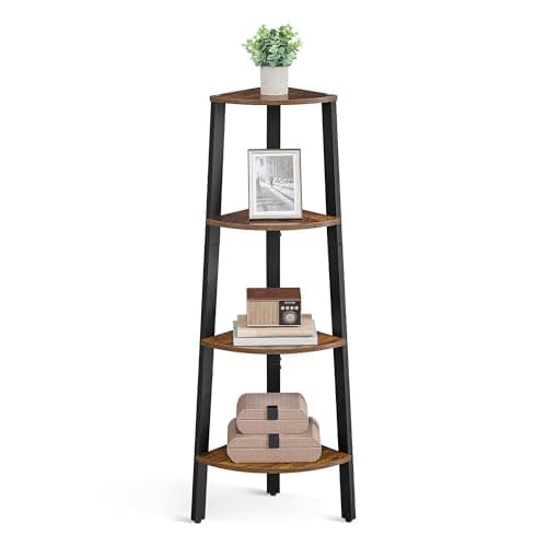 Image of VASAGLE - Corner Shelf Bookcase - 4 Tier Ladder Shelf - Storage Unit, Plant Holder for Living Room - Industrial Style with Steel Frame - Rustic Brown and Black - LLS34X