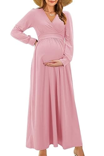 Image of OUGES Women's 2025 Fashion Long Sleeve V Neck Maxi Dress with Pockets Maternity Clothes Nursing Dresses-M Pink