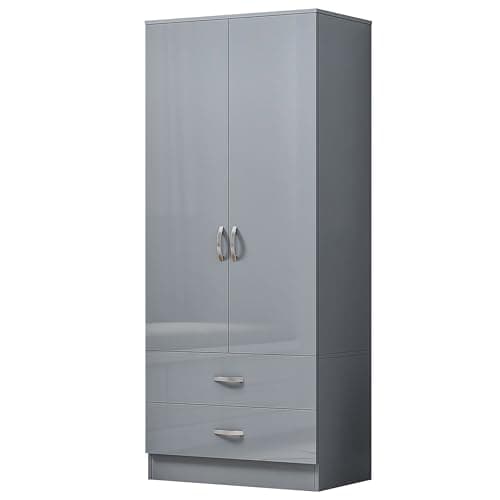 Image of Nera Gloss 2 Door Wardrobe with Drawers 76cm Wide Wardrobe for Bedroom Shelves and Hanging Rail Soft Close Hinges Storage Cabinet (Grey Gloss (Matt Grey))