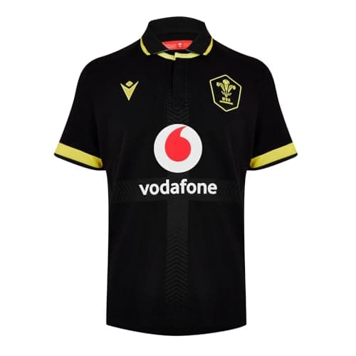 Image of Macron Mens Wales Rugby 6 Nations Away Shirt 2023 Adults Black/Yellow L