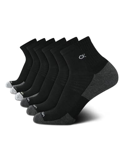 Image of Calvin Klein Mens Quarter Socks - 6 Pack Padded Mini Crew Socks for Men, Ideal for Running, Sports and Hiking, Black and grey logo, One Size