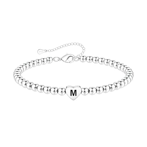 Image of DORANA Sterling Silver Bracelet For Women Silver Initial Heart Bracelet Non Tarnish 925 Beaded Bracelets For Women Girls Hypoallergenic Friendship Daughter Bracelets,M