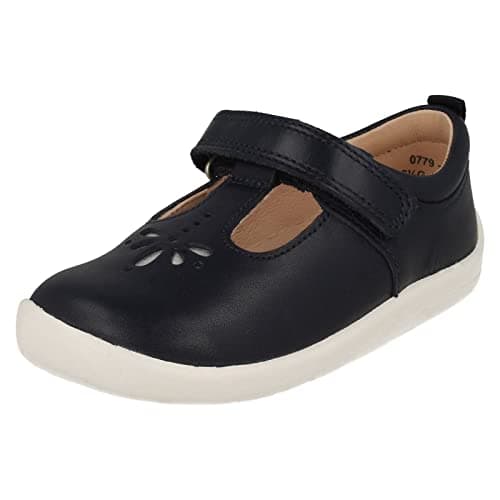 Image of Girls Startrite T-Bar Laser Detailed Shoes Puzzle - Navy Leather - UK Size 6E - EU Size 23 - US Size 7
