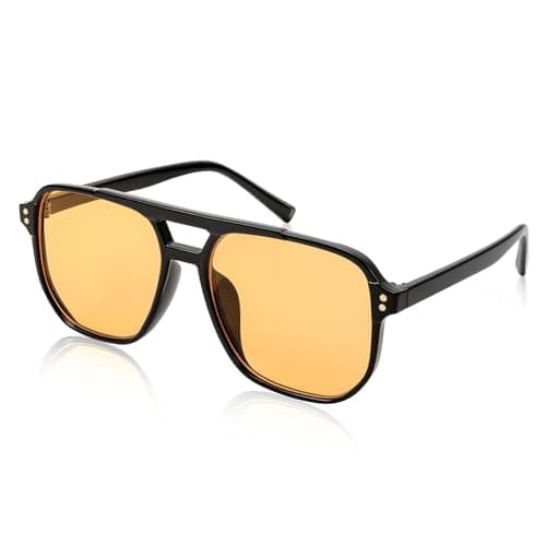 Image of FEISEDY Retro Pilot Sunglasses for Women Men, Vintage 70s Trendy Square Plastic Frame Sun Glasses B2835,Yellow Lens