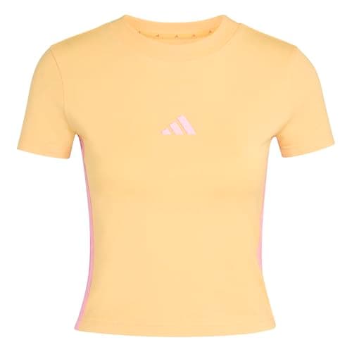 Image of adidas Women's Essentials 3 Stripes Slim Baby T-Shirt, Semi Ice Tangerine/st Tropic Bloom, M