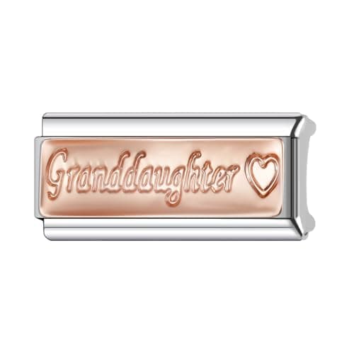 Image of Mon & Sons Granddaughter Love Heart Rose Gold Superlink Long Double Size Width 9mm Stainless Steel Silver Italian Link Charm Compatible With 9mm Link Bracelet