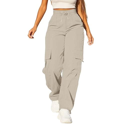 Image of Cargo Pants For Women UK High Waist Combat Trousers With Multiple Pockets Solid Color Drawstring Tracksuit Bottoms Baggy Lightweight Wide Leg Trousers Ladies Casual Jogging Pants Hiking Walking