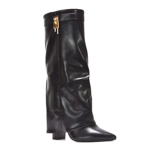 Image of ESSEX GLAM Women's Fold Over Ladies Black Synthetic Leather Knee High Lock Buckle Boots Size 3