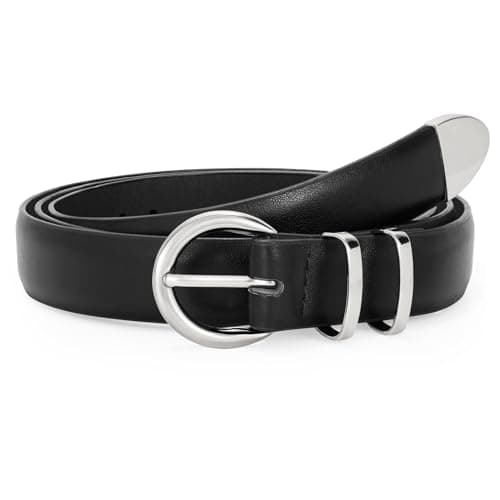 Image of WERFORU Women's Leather Belt for Jeans Dresses Fashion Silver Buckle Ladies Waist Belt Black