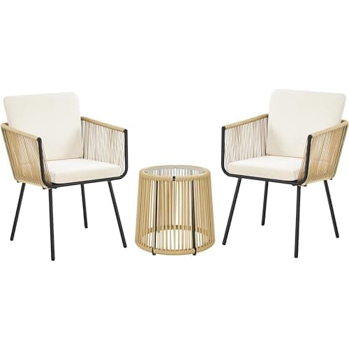Image of Yaheetech 3-Piece Outdoor PE Rattan Bistro Dining Set, 2 Chairs & Tempered Glass Top Coffee Side Table for Garden w/Cushions, Tan/Cream