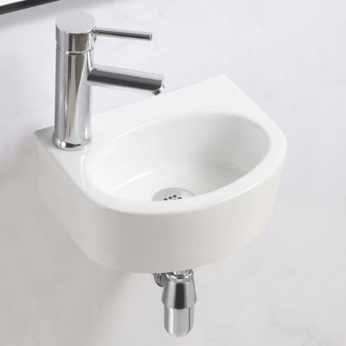 Image of BELOFAY Modern Oval Wall-Mounted White Ceramic Basin (13x30x23.5) HxWxD, Tap on Left