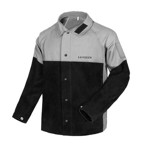 Image of LeaSeek Welding Jacket with Leather Sleeves Flame Resistant, Cotton & Leather Hybrid Welder Jackets for Men and Women