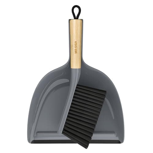 Image of MR.SIGA Dustpan and Brush Sets, Dust Pan and Brush Bamboo Handle, Durable Bristles and Easy-Sweep Blade, Lightweight Design, Grey