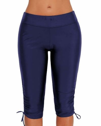 Image of ECUPPER Womens Swimming Leggings Shorts Knee Length Capris Swimsuit Pant Plus Size Swim Bottoms Navy Drawstring 16-18