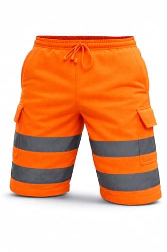 Image of NFK TEXTILE Hi Vis Reflective Cargo Work Shorts for Men – High Visibility Safety Workwear, Soft Fleece, Multi Pocket Shorts with Elastic Waist & Drawstring (XL, Orange)