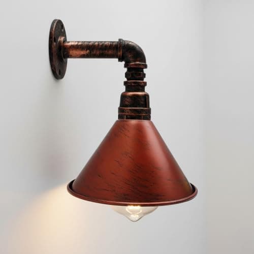 Image of LEDSone Industrial Vintage Water Pipe Wall Light Conical Metal Shade Rustic Red Wall lamp E27 Socket Steampunk Wall Sconces Lighting Fixtures for Bedroom, Farmhouse, Restaurant, Bar Décor