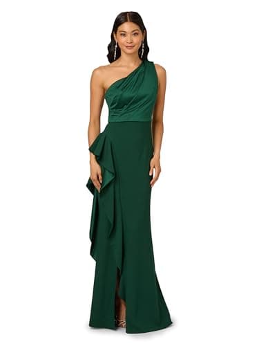 Image of Adrianna Papell Women's One Shoulder Satin Crepe Gown, Deep Forest, 22