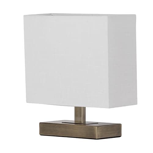 Image of Lighting Supermarket Bloq Antique Brass Rectangle Table Lamp with Ivory Linen Shade, Slimline Narrow Base Bedside Light, Modern Classic Desk or Hallway Lamp, LED Compatible, E14 Bulb, 28.5cm Height