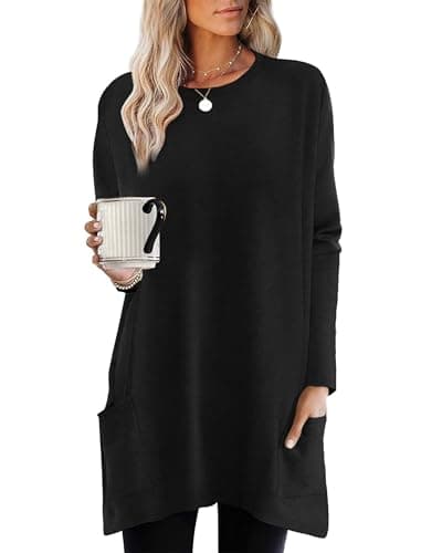 Image of XIEERDUO Womens Long Sleeve Tunic Tops Ladies Tops Loose Fit Jumpers Long Sleeve Sweatshirts with Pockets Asymmetrical Hems Size 26-28 Black