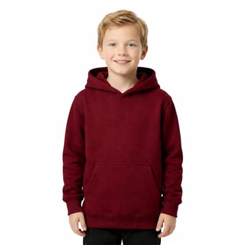 Image of KHIM Kids Plain Fleece Hoodie, Boys and Girls Pullover Sweatshirt with Kangaroo Pocket, Brushed Inner Fleece Casual Jumper Hoody, 13-14 Years, Maroon