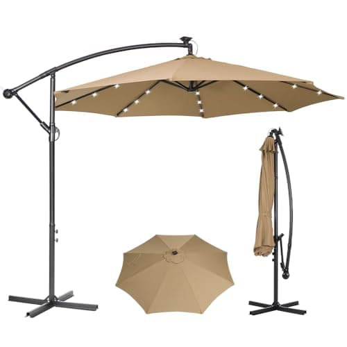 Image of Panana 3M Cantilever Garden Parasol with Solar LED Lights, Outdoor Banana Hanging Umbrella with Crank and Tilt, UV Protection Sun Shade Canopy Offset Parasol for Pool, Deck, Patio, Balcony (Khaki)