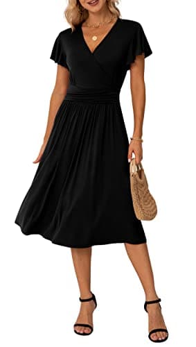 Image of GRECERELLE Womens Summer Wrap Dress Ladies Casual Ruffle Short Sleeve V-Neck Floral Beach Dresses for Women (01 Black, S)