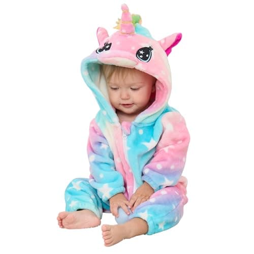 Image of YLLSOPHAN Boys Girls Baby Infant Romper Animal Pattern Unicorn Bear Onesie Pyjamas Sleepsuit Outfit Bodysuits Soft Fleece Extra Thickness (UK, Age, 18 Months, 24 Months, Unicorn)