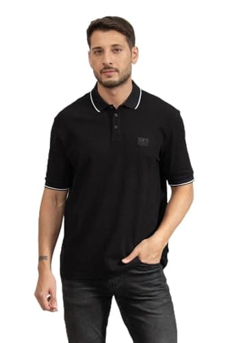 Image of Armani Exchange Men's Short-Sleeved Side Logo Patch Three-Button Collar Polo Shirt, Black, M