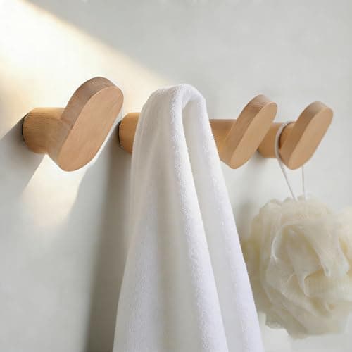 Image of ZUNTO 4 Pack Wooden Towel Hooks, Wall Mounted Drilling, Natural Wood Decorative Towel Hooks with Screw, Heavy Duty Waterproof Wall Hooks for Kitchen, Bathroom, Entryway