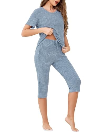 Image of Wikoan Capri Pyjamas Set for Women, Ribbed Summer Cropped Pj's Set Tops and Capri Pants 2 Piece Outfits Loungewear with Pockets Drawstring Light Blue,S