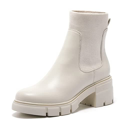 Image of REDTOP Women's Elastic Chelsea Boots Chunky Block Heel Platform Lug Sole Ankle Booties, Cream, 6 UK