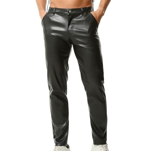 Image of YOOBNG Mens Activewear Leggings Skinny Faux Leather Pants Straight Leg Leggings Disco Pants Black