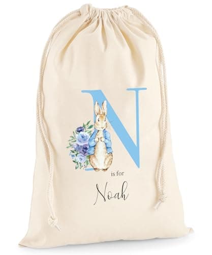 Image of Personalised Gift Bag - Custom Name Beatrix Rabbit Drawstring Sack - Personalise Name Kids Children's Cotton Canvas Easter Birthday Christening Present Treat - Canvas XL 49.5 x 75cm