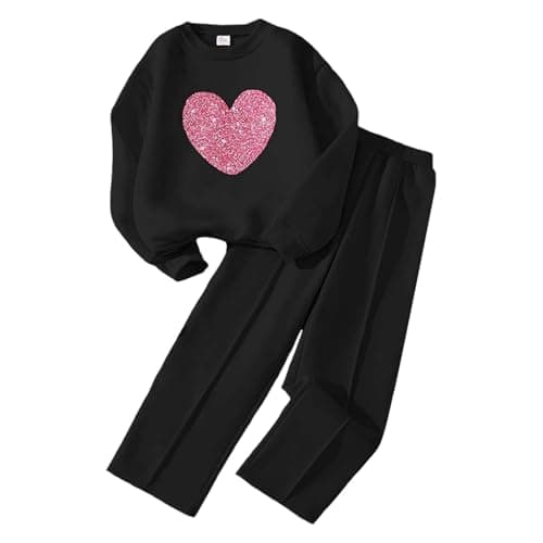 Image of Kids Tracksuit Set Girls Long Sleeve Crop Top Pullover Sweatshirt and Trousers Clothing Sets for Girls Trendy Spring Winter Cute School Casual Jogging Sport Streetwear 5-12 Years (Black, 10-12 Years)